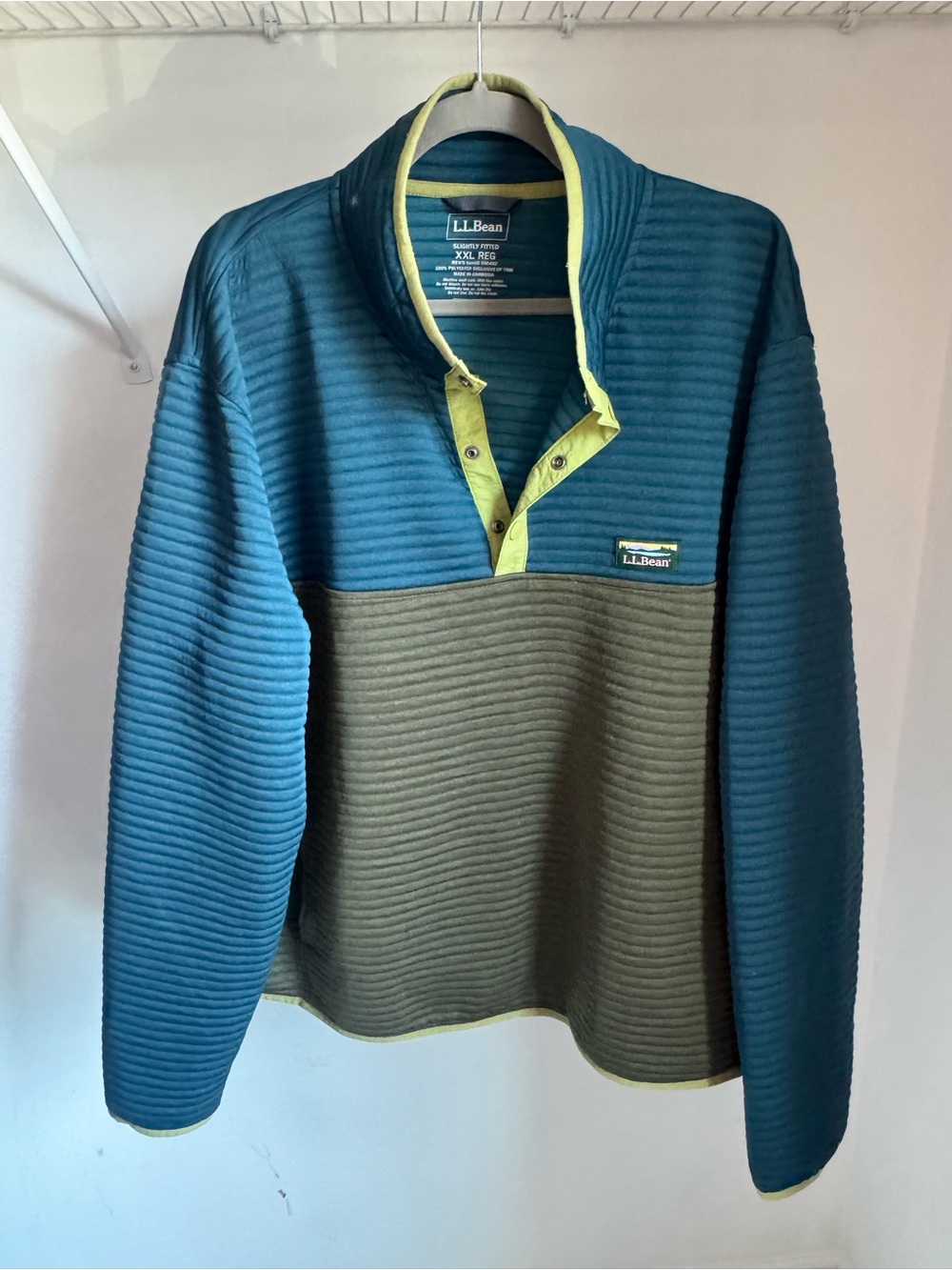 L.L. Bean Teal and Olive Quarter-Snap Pullover with Yellow Trim